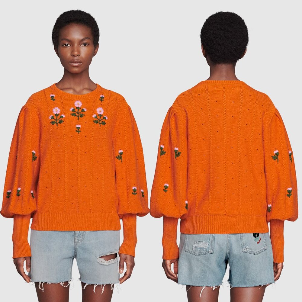 GUCCI SWEATER ORANGE WOOL BLEND FLORAL EMBROIDERED JUMPER sz XS EXTRA SMALL - Picture 2 of 16